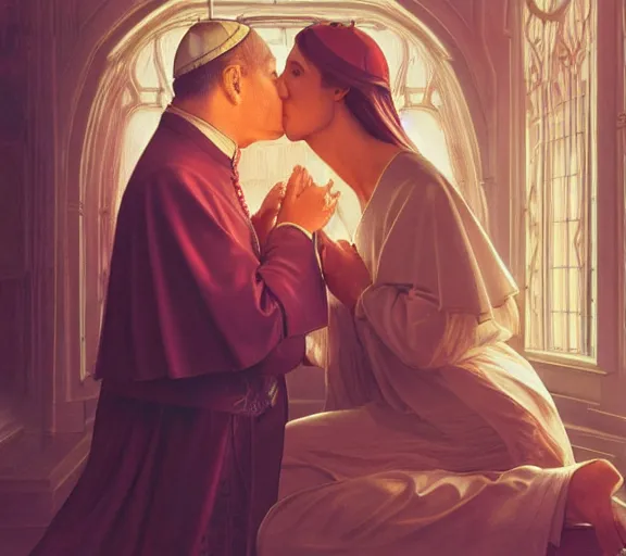 Prompt: photography of a pope kissing the breast of a sensual woman, deep focus, intricate, elegant, highly detailed, digital painting, artstation, concept art, matte, sharp focus, illustration, art by artgerm and greg rutkowski and alphonse mucha