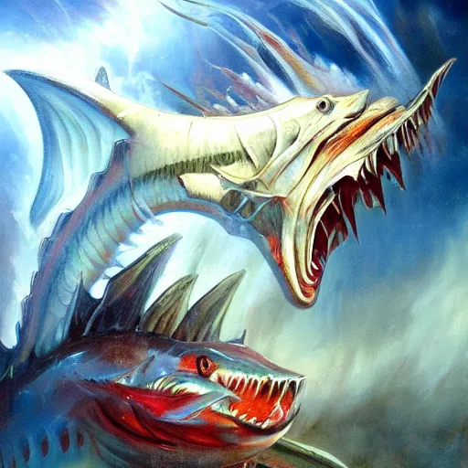 Image similar to detailed wide shot red gyrados in water shooting hyperbeam from fanged mouth angry intricate, hyper detailed, realistic, oil painting, by julie bell, frank frazetta, cinematic lighting