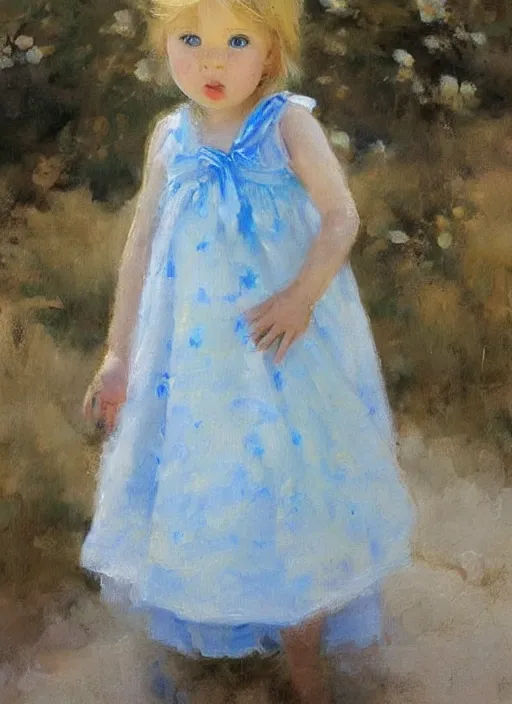 Image similar to a cute little girl with golden blonde hair and blue eyes standing in a picturesque french village wearing a sky blue summer dress. detailed face. beautiful painting by ruan jia