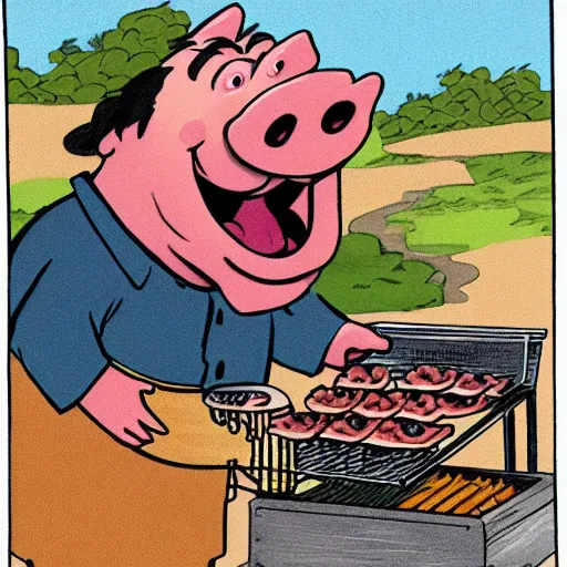 Image similar to a cartoon of a pig screaming in horror as another pig gets barbequed, funny, by Disney