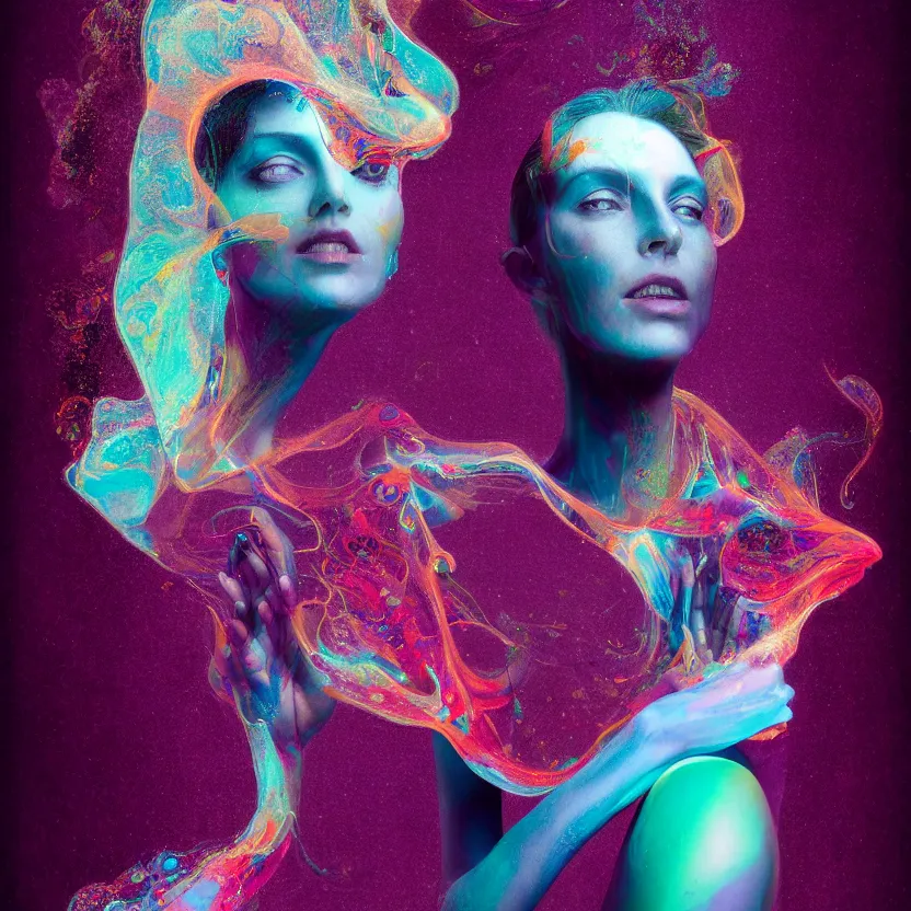 Image similar to a digital portrait painting of a woman, surrounded by synthesized ai djinn hologram, an ultrafine detailed painting by alberto seveso, a silk screen by julian schnabel, featured on deviantart, modern european ink painting, photoillustration, impressionism, biomorphic, behance hd, lovecraftian