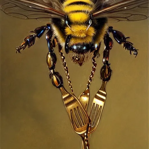 Image similar to highly detailed fork in the form of a bee, art by donato giancola, eugene delacroix, ruan jia, carl larsson, peter mohrbacher. trending on artstation, intricate details, energetic composition, concept art, illustration, elegant art, global illumination