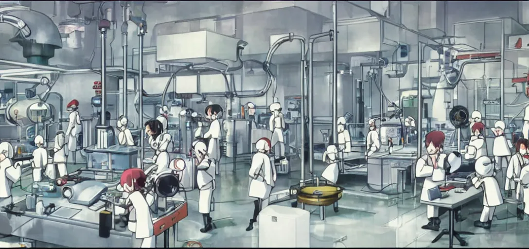Prompt: A laboratory with a huge machine that clones Pokémon, Mewtwo growing in a tube in the center of the room, scientists are taking notes nearby, art by Hayao Miyazaki, art by Studio Ghibli, anime style