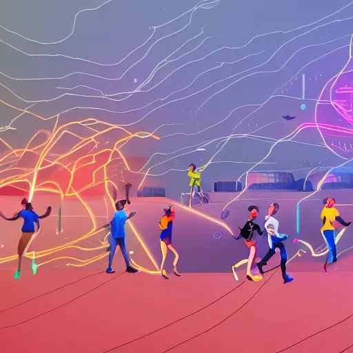 Image similar to landscape of people running away scared from crypto logos standing in the city, digital drawing, beautiful lightning, dribbble art, hyperdetailed, hdr, 8 k