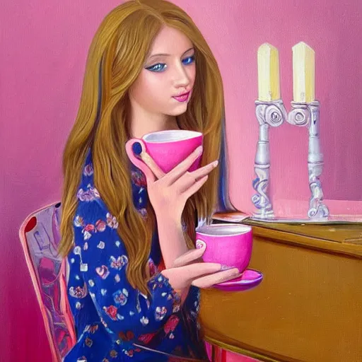 Image similar to highly detailed painting of beautiful russian girl with long blond hair playing a pink keyboard with a cup of tea, realistic,