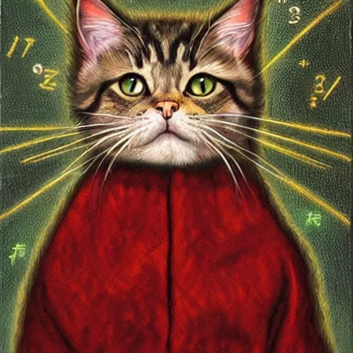 Image similar to a super math wizard cat, richly textured oil painting