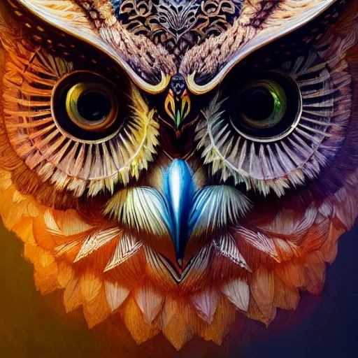 Image similar to a ultradetailed beautiful concept art of a an intricate wooden mask of an owl painted with beautiful colors, but the mask hide some dark secret, photorealism, sharp details, volumetric light, high resolution 4 k, by tom bagshaw, greg rutkowski, charli bowater and artgeem