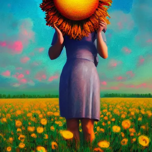 Image similar to girl with a huge flower as a face, surreal photography, dream, standing in flower field, hills, big trees, sunrise dramatic light, impressionist painting, colorful clouds, digital painting, pointillism, artstation, simon stalenhag, flower face