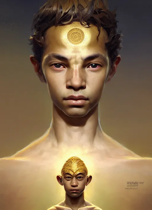 Image similar to a portrait of a golden sage child with an enormously large head, an ancient pale sage child with a third eye, highly detailed, digital painting, artstation, concept art, intricate, elegant, smooth, sharp focus, art by wlop, mars ravelo and greg rutkowski and craig mullins