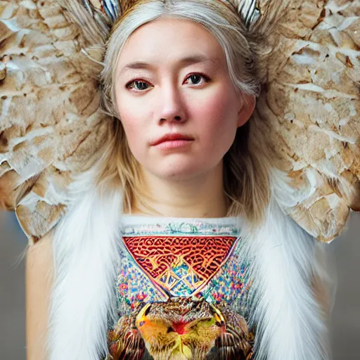 Image similar to symmetry!! portrait photograph of an extremely beautiful!!!! young blonde female with symmetric face. with a very detailed barn owl!!!!! on her shoulder. wearing mongolian traditional outfit in iceland. petzval lens. shallow depth of field. polaroid featured on flickr, art photography,