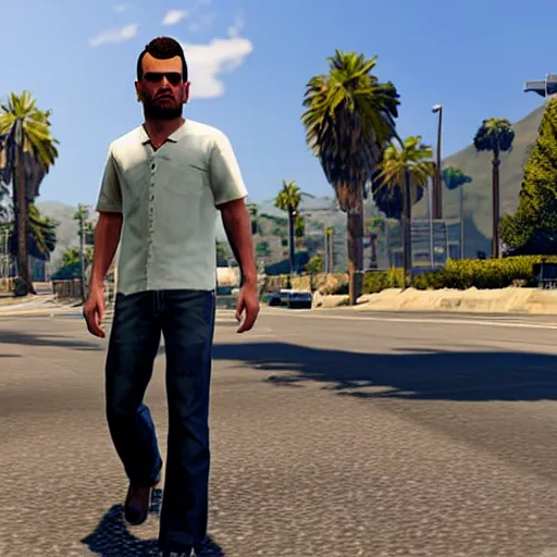 Image similar to A screenshot of a man with short brown hair, blue shirt, blue jeans, and white shoes in GTA 5