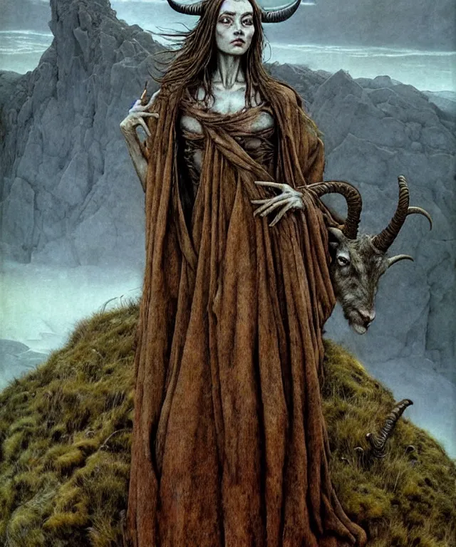 Image similar to A detailed horned goatwoman stands among the hills. Wearing a ripped mantle, robe. Perfect faces, extremely high details, realistic, fantasy art, solo, masterpiece, art by Zdzisław Beksiński, Arthur Rackham, Dariusz Zawadzki