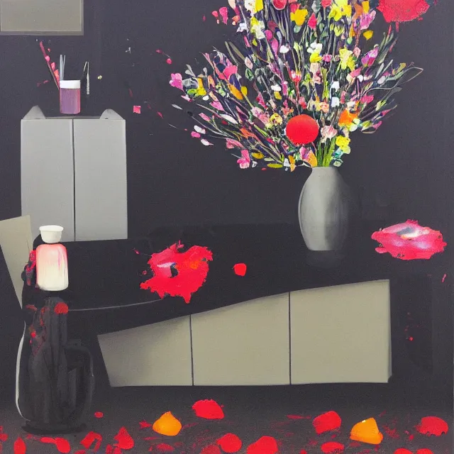 Image similar to empty room with black walls, sensual portrait of a woman, japanese vase, spilled flowers, puddle of water, octopus, squashed berries, neo - expressionism, surrealism, acrylic and spray paint and oilstick on canvas