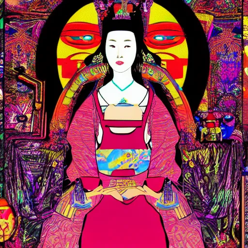 Image similar to portrait of a korean queen in ancient times, acid trip art style, obnoxious art style, cyberpunk aesthetic