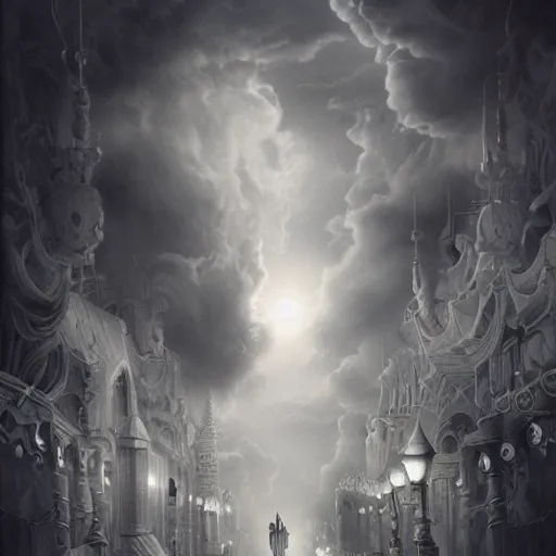 Prompt: By Tom Bagshaw, ultra realist soft painting of curiosities carnival by night, Dwarf grins beard, symmetry accurate features, very intricate details, ominous sky, black and white, volumetric light clouds