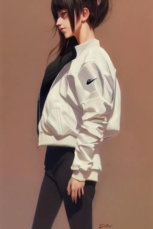 Image similar to A ultradetailed beautiful panting of a stylish girl wearing an oversized Nike jacket, Oil painting, by Ilya Kuvshinov, Greg Rutkowski and Makoto Shinkai