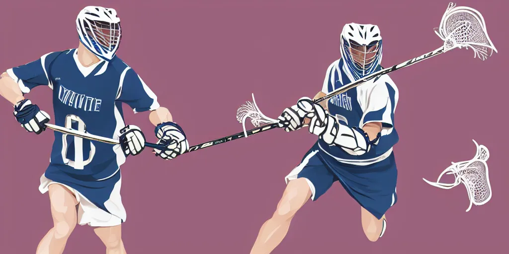 Image similar to lacrosse player, simple background, cascade helmet, concept art, trending on arstation, very detailed, 8 k, high resolution, symmetry, normal proportions, sport illustration, cascade xrs custom lacrosse helmet, brine lacrosse stick, brine lacrosse king v gloves, nike alpha huarache 7 elite, stx surgeon 7 0 0 lacrosse arm guards