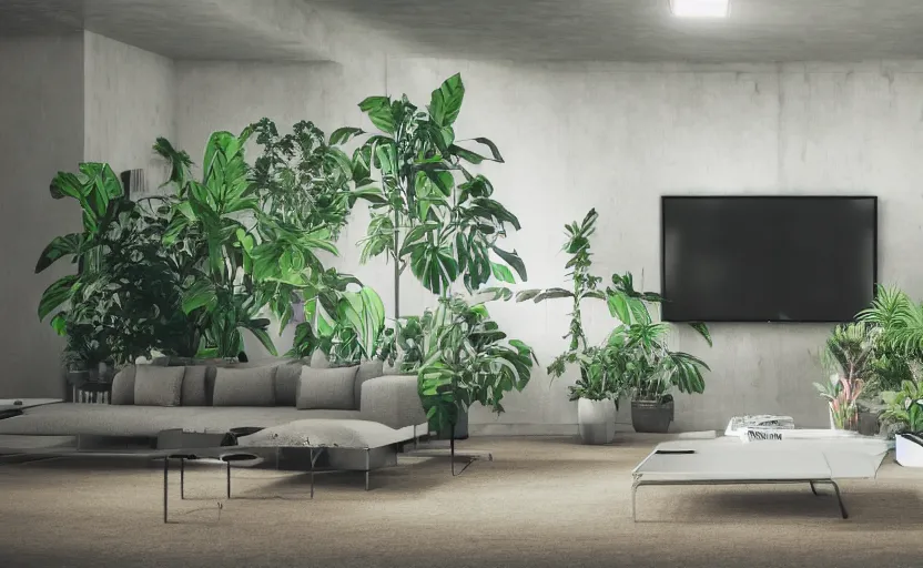 Image similar to empty room brutalist interior, big tv screen in the middle, tropical indoor plants, open shiny floor, v - ray render, high contras