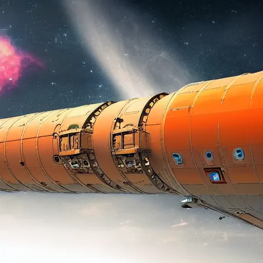 Prompt: space cargo ship with radio antenas, big storage, main battle tank, in orange space nebula, concrete, concrete sun, ww2 space tech, very very very very beautiful digital art, wide angle, far away, from the distance