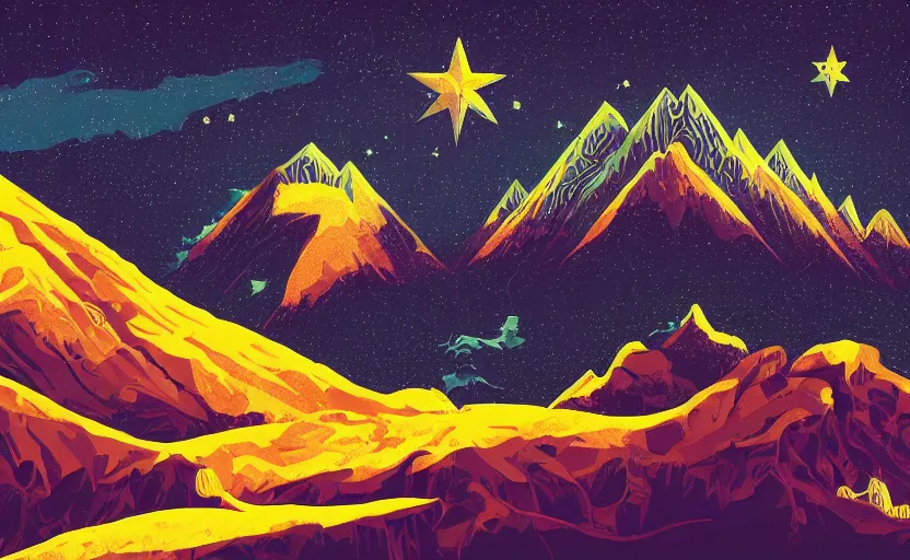 Image similar to mountains, stars and paisley filled sky, artstation, intricate, highly detailed, digital painting, concept art, sharp focus, illustration by Tom Whalen and Yoshitaka Amano