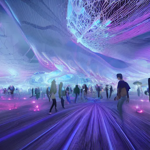 Prompt: ethereal realm, parametric flow, fractals, central shot, geometrical explosion, parametric architecture, artistic, models walking, people, crowd, red, blue, light neon, vray, octane render.