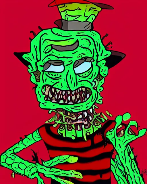 Prompt: freddy krueger in the style of rick and morty by justin roiland