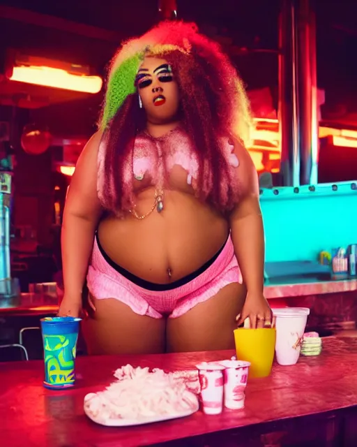 Prompt: film still of obese 3 0 0 - pound doja cat at mcdonald's, vibrant high contrast, octane, arney freytag, cinematic, portrait, backlit, rim lighting, 8 k