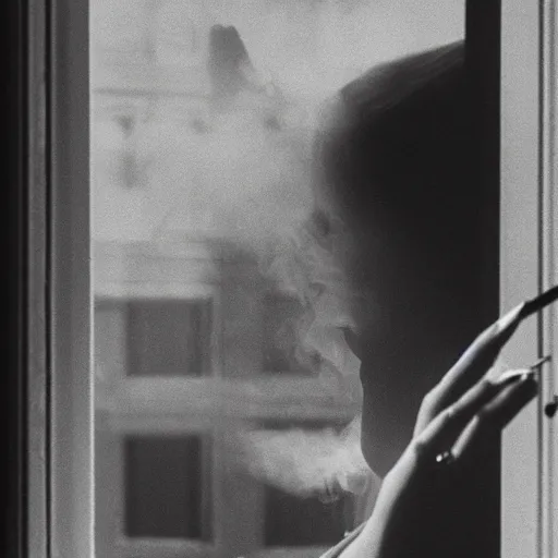 Image similar to black and white photo of a woman smoking a cigarette by the window