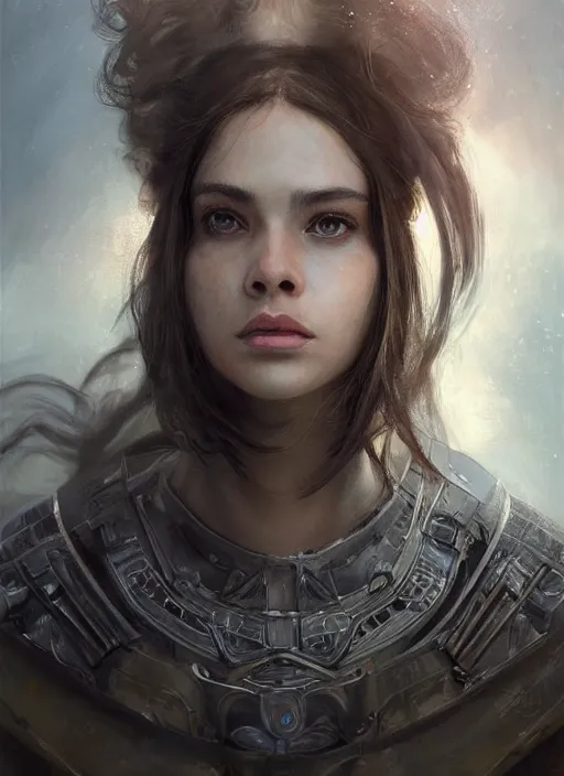 Image similar to a professional portrait of a beautiful young female, clothed in ethereal battle armor, olive skin, long dark hair, beautiful bone structure, symmetrical facial features, intricate, elegant, digital painting, concept art, smooth, sharp focus, finely detailed, illustration, from Valerian and the City of a Thousand Planets, in the style of Ruan Jia and Mandy Jurgens and Artgerm and Greg Rutkowski and William-Adolphe Bouguerea