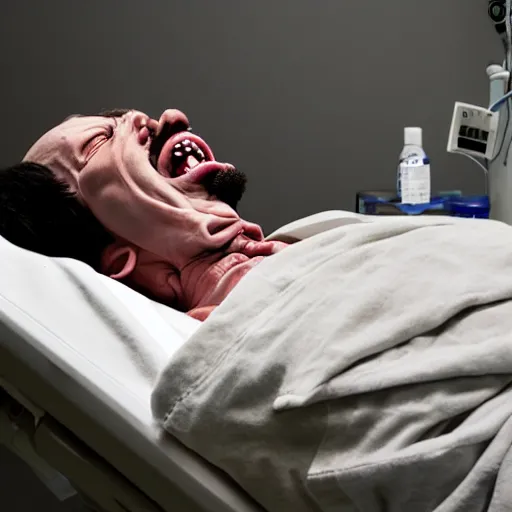 Image similar to hd professional medical photograph of a man lying in a hospital gurney, possessed by a dybbuk. he is screaming and flailing and twisting and spasming