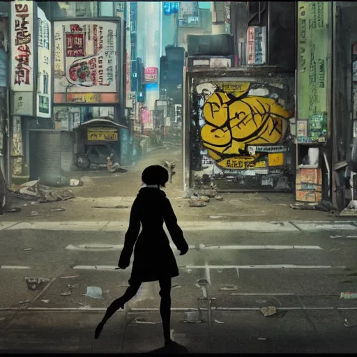 Image similar to incredible wide screenshot, ultrawide, simple watercolor, rough paper texture, ghost in the shell movie scene, backlit distant shot of girl in a parka running from a giant robot invasion side view, yellow parasol in deserted dusty shinjuku junk town, broken vending machines, bold graphic graffiti, old pawn shop, bright sun bleached ground, mud, fog, dust, windy, scary robot monster lurks in the background, ghost mask, teeth, animatronic, black smoke, pale beige sky, junk tv, texture, brown mud, dust, tangled overhead wires, telephone pole, dusty, dry, pencil marks, genius party,shinjuku, koji morimoto, katsuya terada, masamune shirow, tatsuyuki tanaka hd, 4k, remaster, dynamic camera angle, deep 3 point perspective, fish eye, dynamic scene