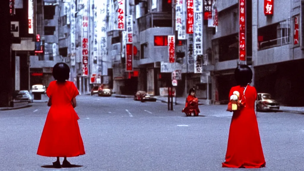 Image similar to a woman in a red dress wearing a red baboon mask standing alone on an empty street in downtown Tokyo , film still from the an anime directed by Katsuhiro Otomo with art direction by Salvador Dalí, wide lens