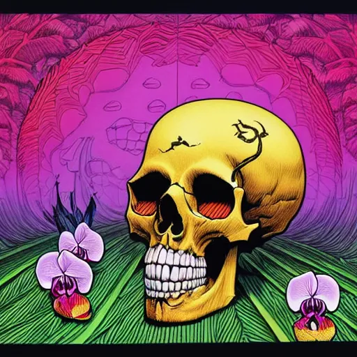 Image similar to ortographic view of a large skull and vivid orchids by Jen Bartel and Dan Mumford and Satoshi Kon, gouache illustration