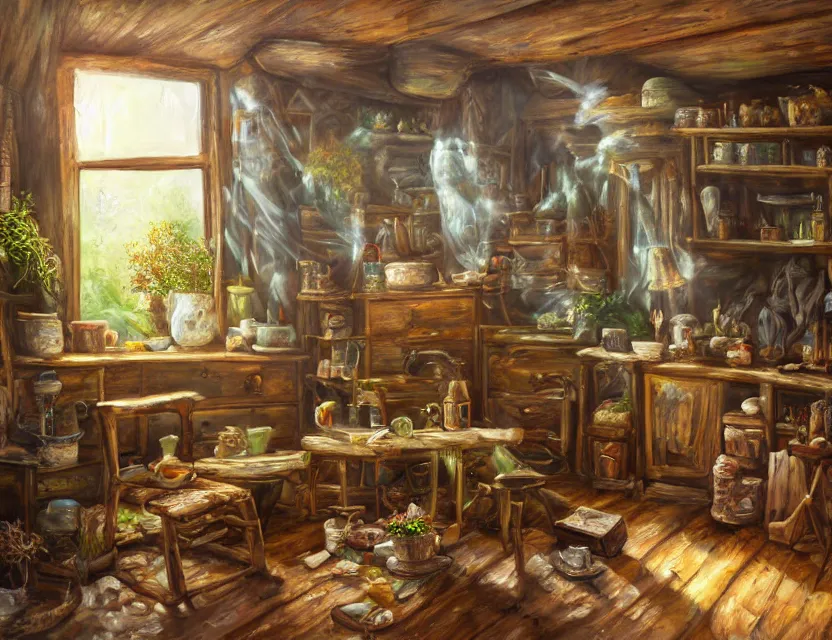 Prompt: expressive rustic oil painting, interior view of a cluttered herbalist cottage, waxy candles, cabinets, wood furnishings, herbs hanging, wood chair, light bloom, dust, ambient occlusion, morning, rays of light coming through windows, dim lighting, brush strokes oil painting