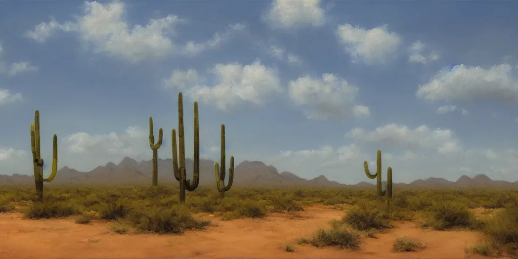 Prompt: a beautiful happy oil painting of the sonoran desert, green with lots of mesquite trees and bushes, beautiful cloudy deep blue sky, and earthy browns on ground, four creosote bushes, drawn by quentin mabille, geoffroy thoorens, trending on artstation