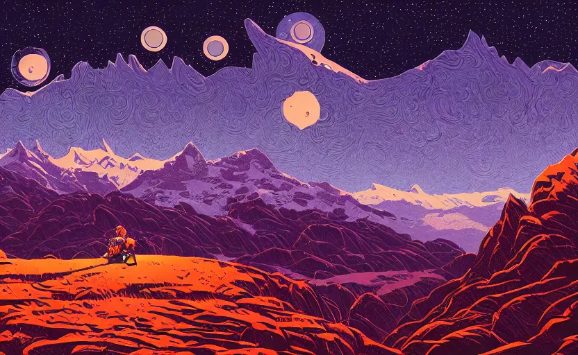 Prompt: mountains, stars and paisley filled sky, artstation, intricate, highly detailed, digital painting, concept art, sharp focus, illustration by Jean Claude Mézières and Tom Whalen
