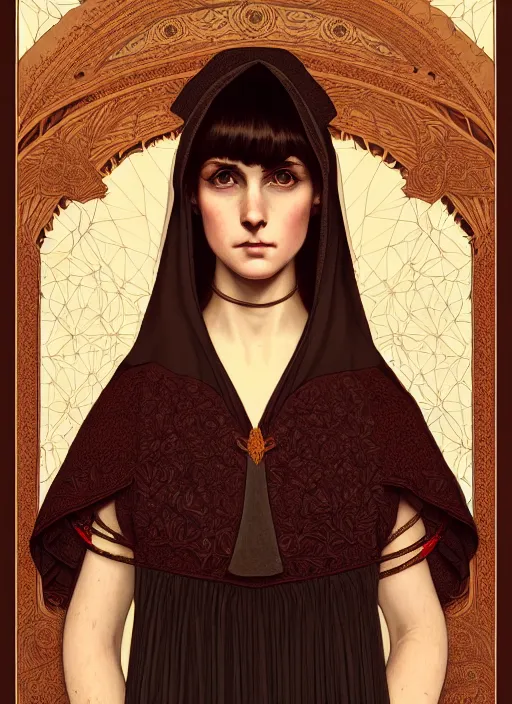 Image similar to symmetry portrait of welsh brunette student in mans tunic, embroidery, tomboy, short hair, intricate forest background, intricate, elegant, highly detailed, digital painting, artstation, concept art, smooth, sharp focus, illustration, art by artgerm and greg rutkowski and fra angelico and alphons mucha