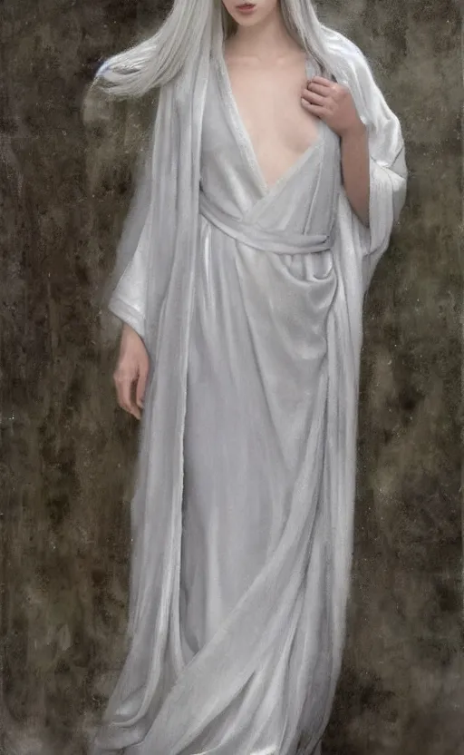 Prompt: who is this with silver hair so pale and wan! and thin!?, flowing robes, covered in robes, lone pale nordic goddess, wearing robes of silver, flowing, pale skin, young cute face, covered!!, clothed!! lucien levy - dhurmer, jean deville, oil on canvas, 4 k resolution, aesthetic!, mystery