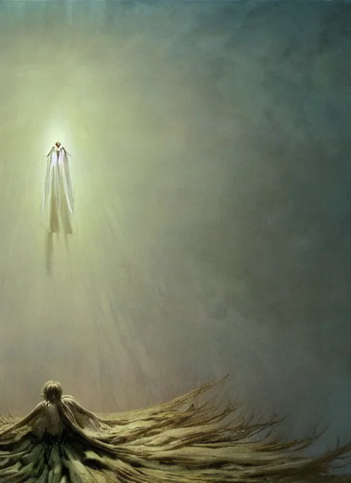 Prompt: giant white glowing angel rising above fallen demon lying on the foggy ground by wayne barlowe, wes anderson, arnold böcklin, roger dean, mikalojus konstantinas ciurlionis, mikhail vrubel and wadim kashin, rich moody colours, 90-s anime, ethereal, lo-fi retro videogame