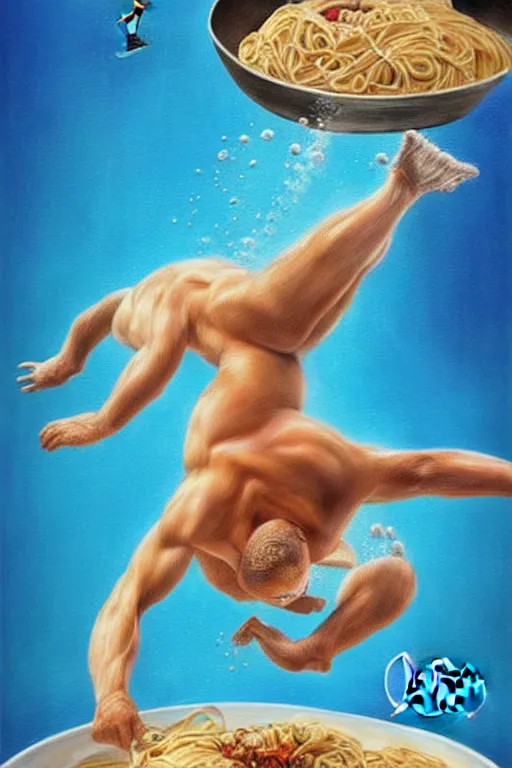 Prompt: olympic diving springoard, a tiny male diver is diving head down into a dish of pasta, detailed realistic sport art, artgerm