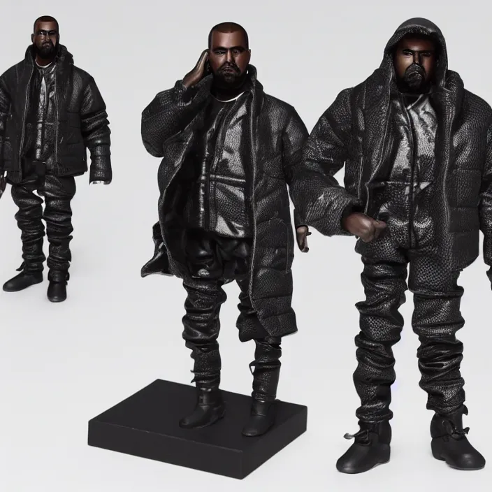 Image similar to a action figure of kanye west using full face - covering black mask with small holes. a small, tight, undersized reflective bright black round puffer jacket made of nylon. a shirt underneath. black jeans pants. a pair of big black rubber boots, figurine, detailed product photo, 4 k, realistic, acton figure, studio lighting, professional photo