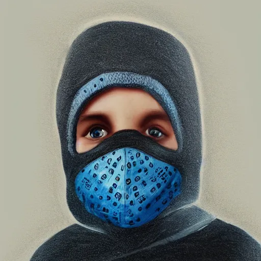 Prompt: a detailed portrait of a boy wearing a black ski mask, blue eyes, art illustration, incredibly highly detailed and realistic, 8 k, sharp focus