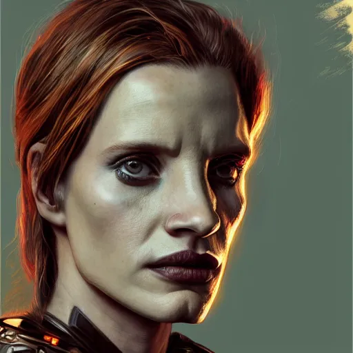 Prompt: jessica chastain portrait, dystopia core, apocalyptic, armor, warrior, dramatic, sharp focus, fiction, neon, fantasy, hyper detailed, digital art, trending in artstation, cinematic lighting, studio quality, smooth render, unreal engine 5 rendered, octane rendered, art style and nixeu and wlop and krenz cushart