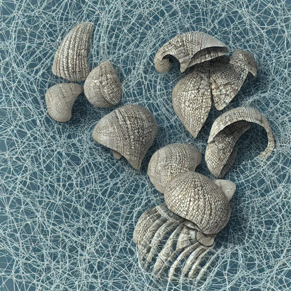 Image similar to geometric complex sea shell by ernst haeckel, modeled in 3 d, closeup, cinema 4 d render, beach sad background, clear focus, very coherent, very detailed