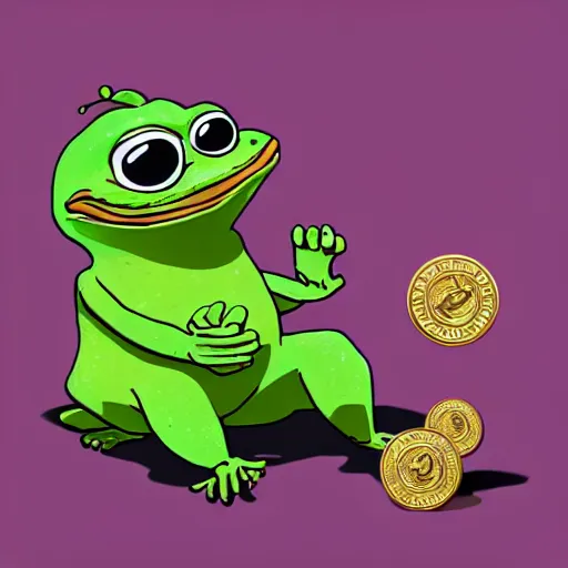 Image similar to super rich happy pepe, coins, gold, crystals, greg rutkowski