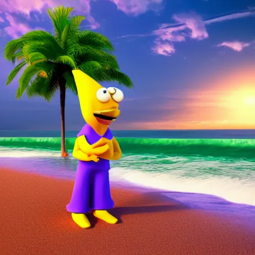 Image similar to 3 d render, of anthropomorphic lemon character, he is wearing a hat, building a sandcastle on the beach at sunset, beach, huge waves, sun, clouds, long violet and green trees, rim light, cinematic photography, professional, sand, sandcastle, volumetric lightening