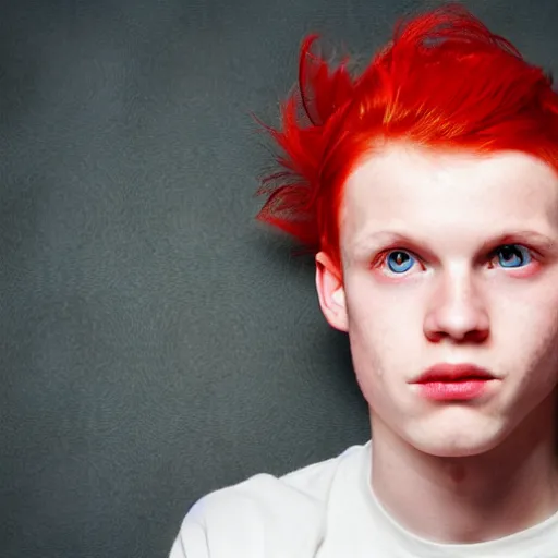 Prompt: a comic - like red haired boy with red eyes and surrounded with a red background with fire
