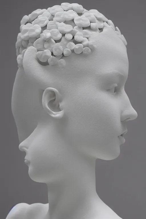 Prompt: close up of full head and shoulders, beautiful female porcelain sculpture by daniel arsham and raoul marks, smooth, all white features on a white background, delicate facial features, white eyes, white lashes, all twisted around, detailed white 3 d giant poppies on the head