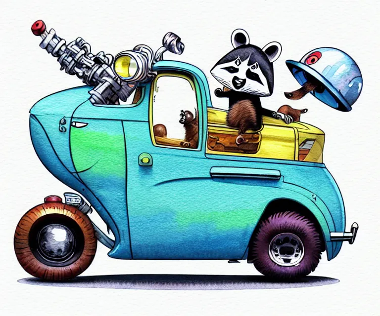 Prompt: cute and funny, racoon wearing a helmet riding in a tiny hot rod with oversized engine, ratfink style by ed roth, centered award winning watercolor pen illustration, isometric illustration by chihiro iwasaki, edited by range murata, tiny details by beeple, symmetrically isometrically centered