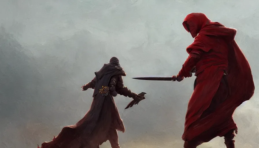 Image similar to no face warrior holding twin swords, levitating sand, full body worn out damaged cape, red hoodie, worn out clothes, by caspar david friedrich by james gilleard and justin gerard, artstation, smooth, sharp focus, by jean baptiste, octane render